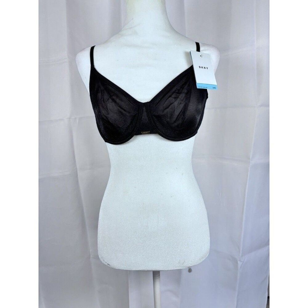 DKNY brand, black, unlined, sheer mesh underwire demi bra, size 34C.